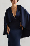 Yasie Navy Satin Plunge Neck Maxi Dress With Cape Sleeves