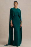 Padma Bottle Green Draped Maxi Dress With Cape Sleeves