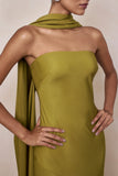 Charly Olive Matte Satin Bandeau Maxi Dress With Scarf Detail