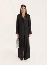 Black Pleated Waistband Wide Leg Satin Trousers