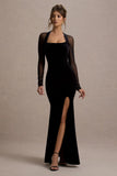 Apres Black Velvet Bodycon Split Maxi Dress With Sheer Sleeves