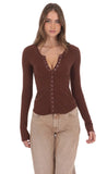 Textured Ribbed Button Top in Brown