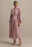 Annabel Dusty Pink High Neck Midi Dress With Drop Waist And Pleated Detailing