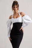 Couture Client Black Halter Neck Puff Sleeve Midi Dress
