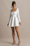 Astonish White Long Sleeve Embellished Square Neck Mini Dress With Volume Skirt