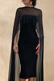 Filippa Black Crew Neck Midi Dress With Sheer Cape Sleeves