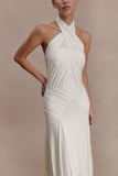 Indira Gathered Slinky Halter Maxi Dress Ivory