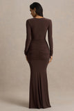 Saffie Chocolate Extreme Plunge Wrap Maxi Dress With Long Sleeves And Ruched Detailing