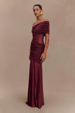 Dallas One Shoulder Mesh Maxi Dress Burgundy