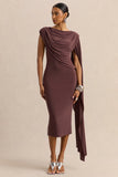 Kamoria Brown Round Neck Midi Dress With Cape Sleeve
