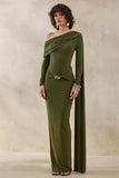 Bessy Green Asymmetric Neck Maxi Dress With Gathered Detailing And Sash