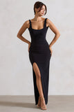 Kate Black Square Neck Maxi Dress with Plunge Back and Side Thigh Split