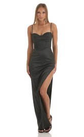 Satin Corset Maxi Dress in Black
