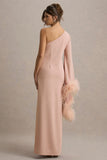 Armina Blush Pink One Shoulder Feather Trim Maxi Dress