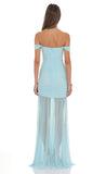 Mesh Off Shoulder Ruched Maxi Dress in Blue