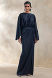Delphina Navy Satin Maxi Dress With Gathered And Knot Detail