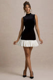 Baxter Black White Velvet Mini Dress With Satin Ruffle Trim