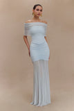 Caspian Slinky And Mesh Off Shoulder Maxi Dress Pale Blue