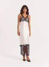 Cream Satin Lace Trim Maxi Dress