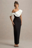 Angelina Black White Draped Shoulder Maxi Dress
