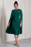 Marysol Bottle Green Asymmetric Cape Midi Dress