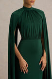 Darielle Bottle Green High Neck Cape Sleeve Maxi Dress