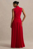 Cascade Red High Neck Maxi Dress With Twist Detail