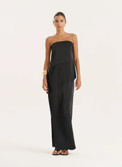 Black Satin And Chiffon Bandeau Asymmetric Top