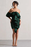Aspen Bottle Green Bardot Mini Dress With Ruffles