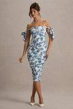 Citrus Blue Porcelain Print Bardot Bodycon Midi Dress With Bow Sleeves