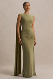 Premiere Olive Boat Neck Maxi Dress With Cape Sleeves And Open Back