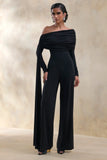 Elova Black Bardot Neck Jumpsuit With Sash