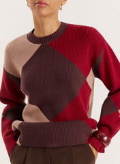 Multi Diamond Knitted Jumper With Scarf