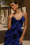 Marlee Blue Chiffon Plunge Neck High Low Maxi Dress
