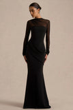 Deema Black Jersey And Mesh High Neck Maxi Dress