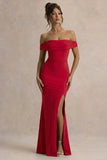 Law of Attraction Red Bardot Draped Split Maxi Dress
