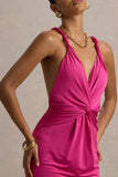 Santez Hot Pink Twisted Plunge Neck Maxi Dress