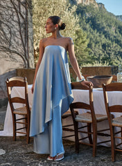 Blue Asymmetric Bandeau Satin Maxi Dress