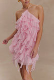 Marigold Ruffle Halter Mini Dress Powder Pink