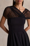 Rosette Black Asymmetric Neck Midi Dress
