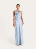 Light Blue Satin Cowl Neck Maxi Dress