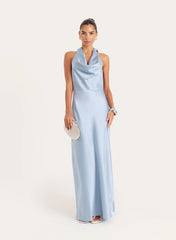 Light Blue Satin Cowl Neck Maxi Dress