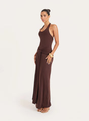 Chocolate Halterneck Belt Detail Maxi Dress
