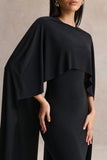 Kalani Black Crew Neck Midi Dress With Cape Sleeves