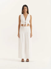 White Drop Waist Shirred Maxi Skirt