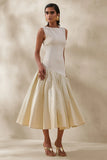 Fantasia Cream Boat Neck Midi Dress With Asymmetric Drop Waist