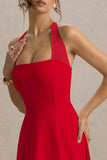 Auburn Red Halter Skater Midi Dress