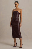 Zola Burgundy Faux Leather Bandeau Midi Dress