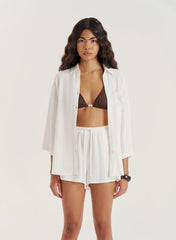 White Linen Blend Tie Waist Short