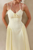 Audrey Lemon Sweetheart Neck Midi Dress With Ruching Detail